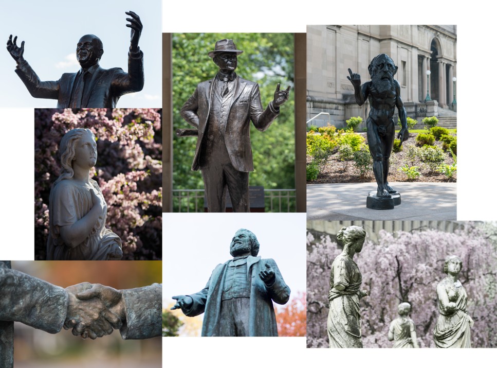 Collage of statues around the University of Rochester campus, showing gesture and body language